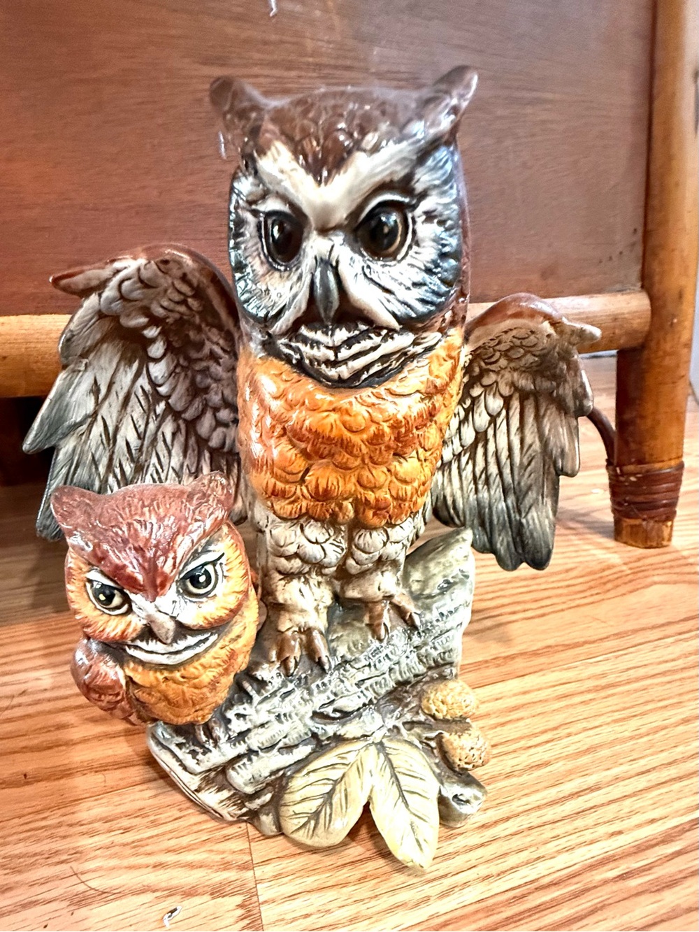 Vintage hand-painted large winged owl and smaller companion owl on a log
 Japan